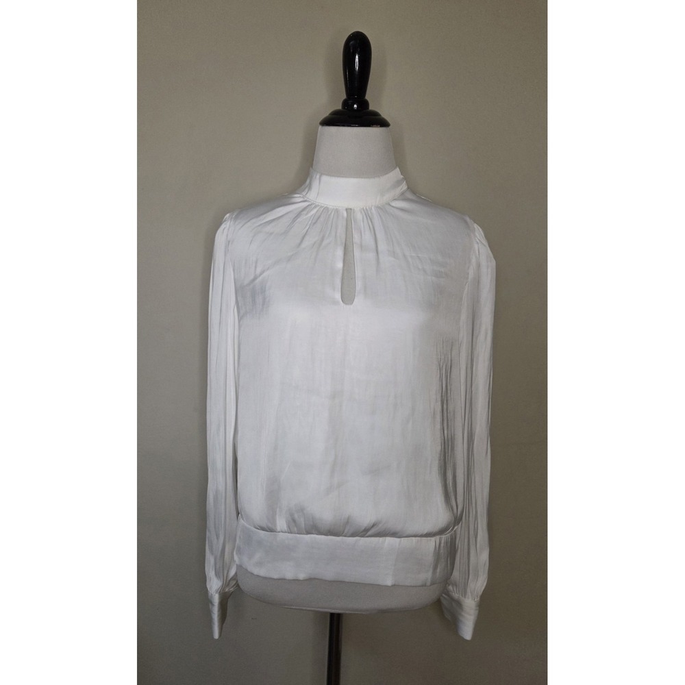 Tahari Women's Winter White Ivory Satin Blouse Keyhole Gathered Waist Elegant...